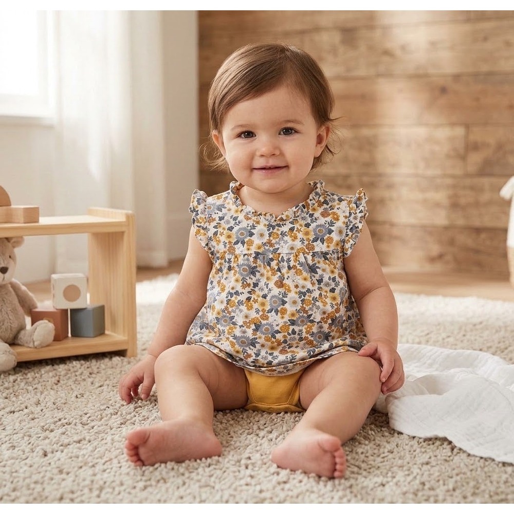 Nicole Miller New York Baby Girl Floral Bodysuit Dress Yellow Blue 24M RN167639